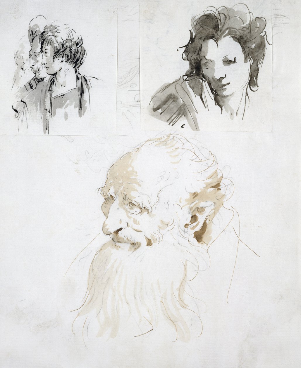 Üç Kafa Çalışması (kalem, mürekkep ve kağıt üzerinde yıkama) by Giovanni Battista Tiepolo