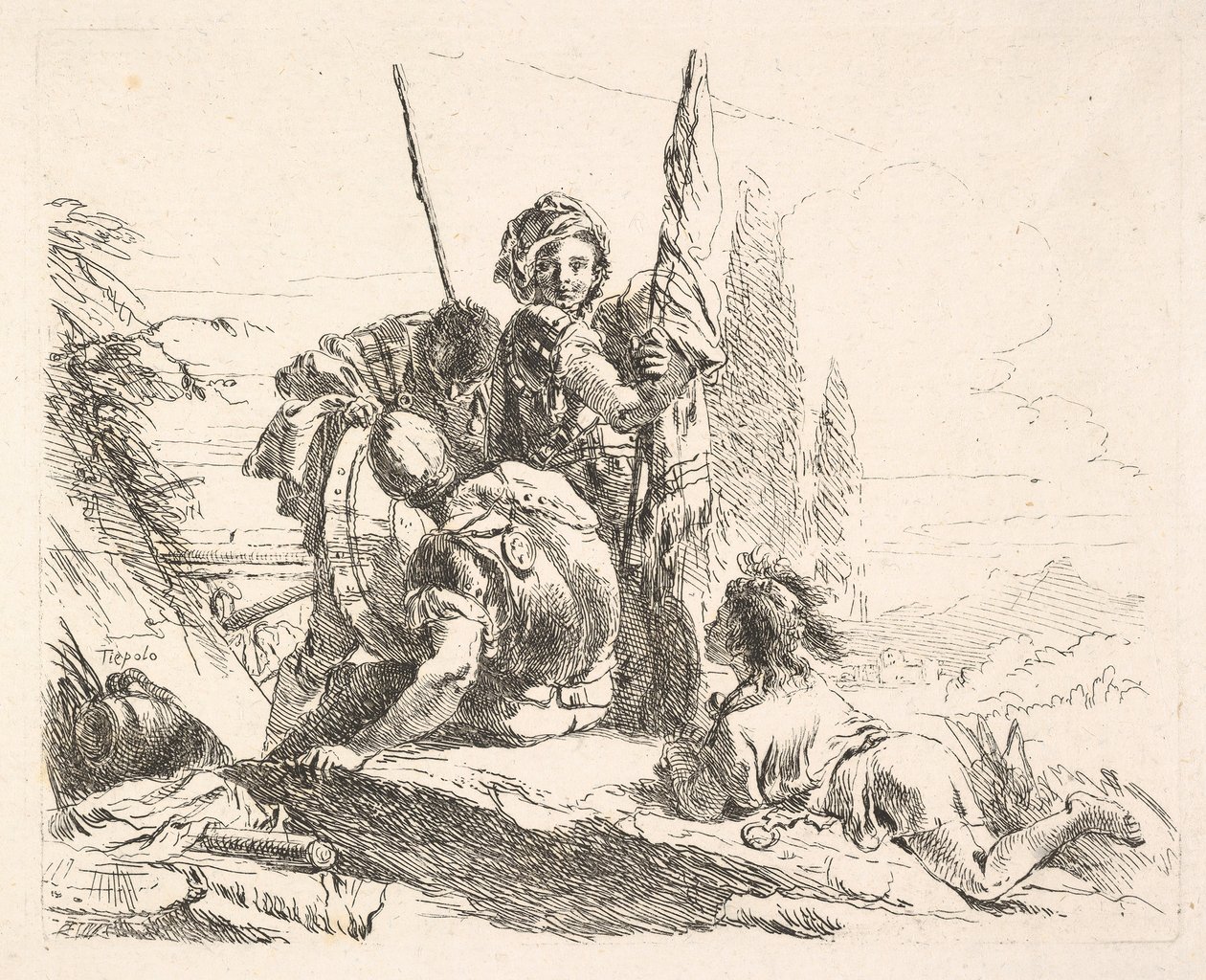 Bir manzarada karnının üzerinde yatan üç asker ve bir genç, askerler bir..., ca. 1740-42. by Giovanni Battista Tiepolo