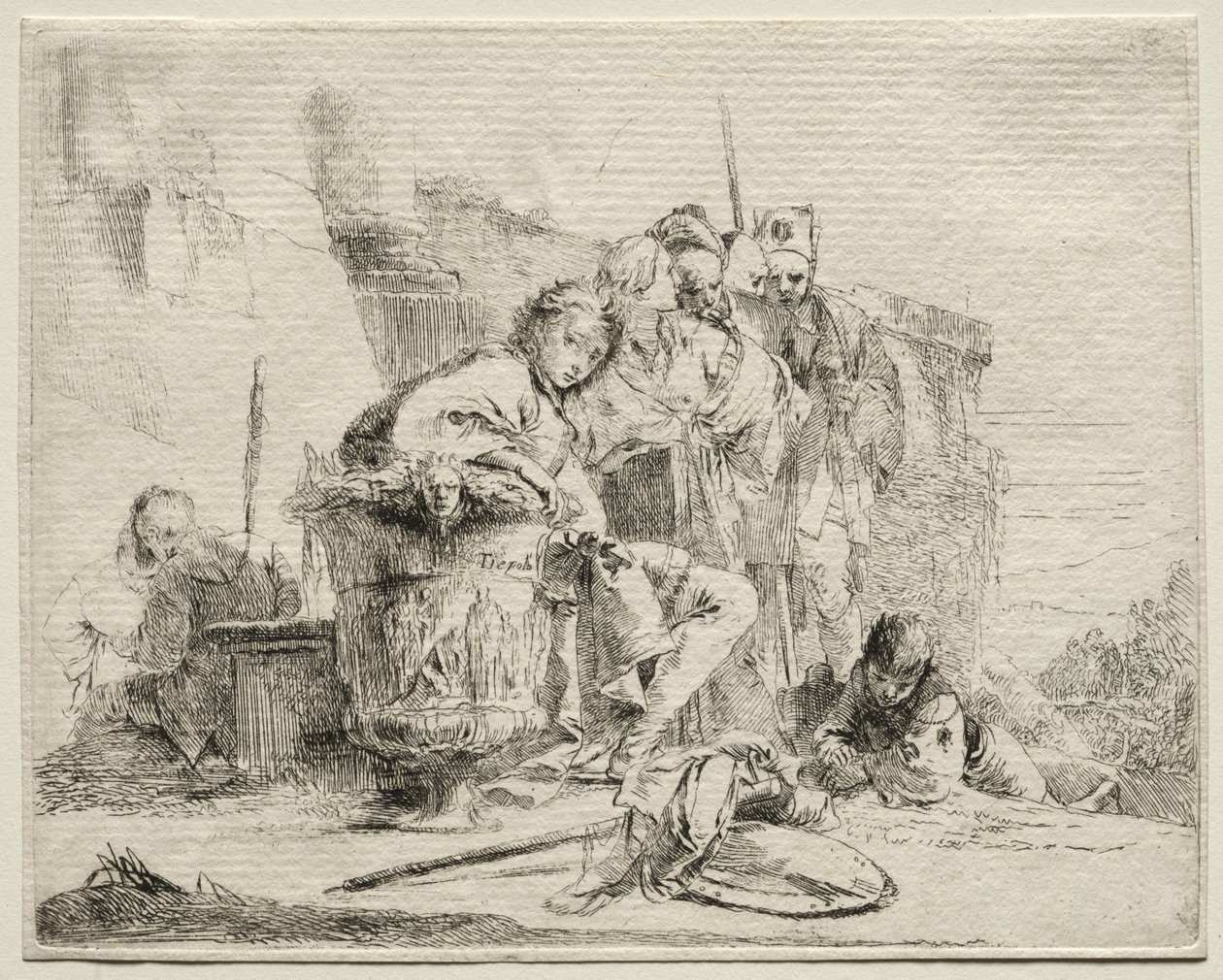 Çeşitli Kaprisler: Oturan, Bir Vazoya Yaslanmış Genç Adam by Giovanni Battista Tiepolo