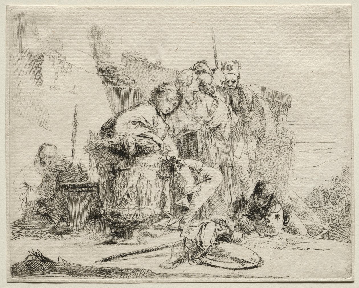Çeşitli Kaprisler: Oturan, Bir Vazoya Yaslanmış Genç Adam. by Giovanni Battista Tiepolo