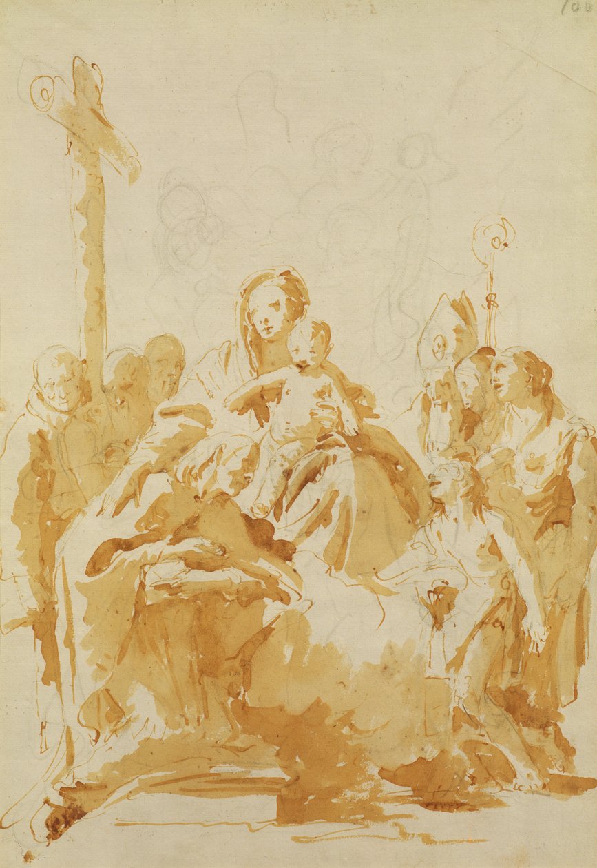 Piskoposlar, Rahipler ve Kadınlar tarafından Tapılan Bakire ve Çocuk, 1735-40 (kağıt üzerine siyah tebeşir üzerine kahverengi astarlı kalem ve kahverengi mürekkep) by Giovanni Battista Tiepolo