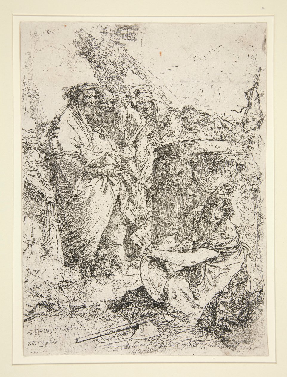 Diz çökmüş ve bir tabak tutan kadın, Scherzi dizisinden by Giovanni Battista Tiepolo