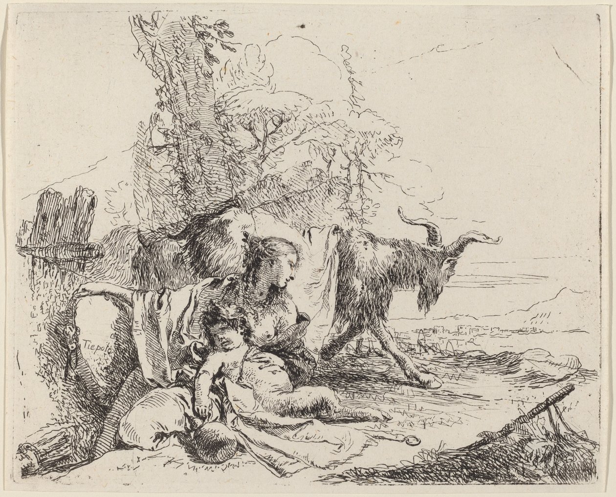 Manzarada Kadın, Satyr Çocuk ve Keçi by Giovanni Battista Tiepolo