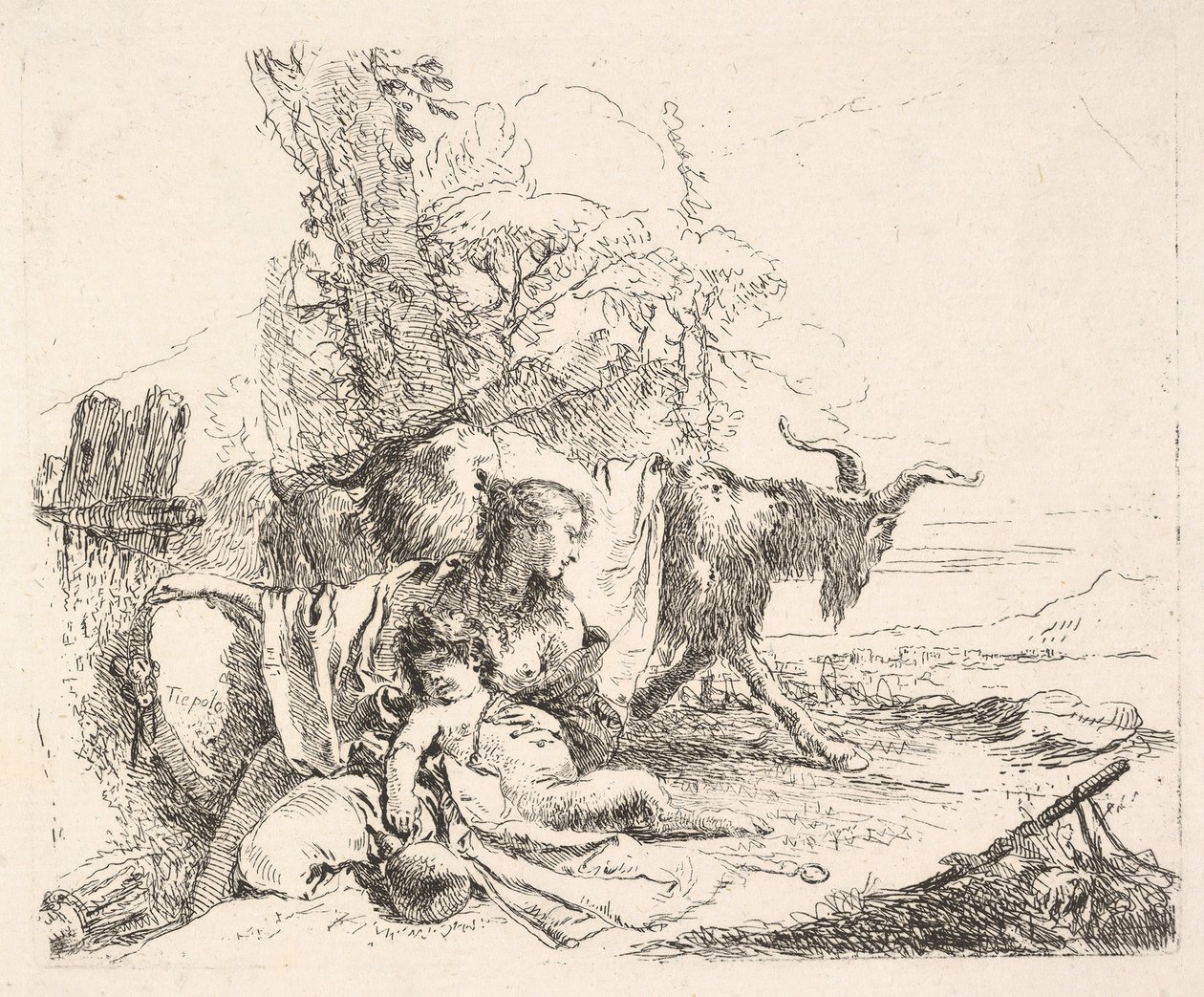 Bir manzarada kadın ve bebek satir, sol ayağına bakmak için dönen kadın..., ca. 1740-42. by Giovanni Battista Tiepolo