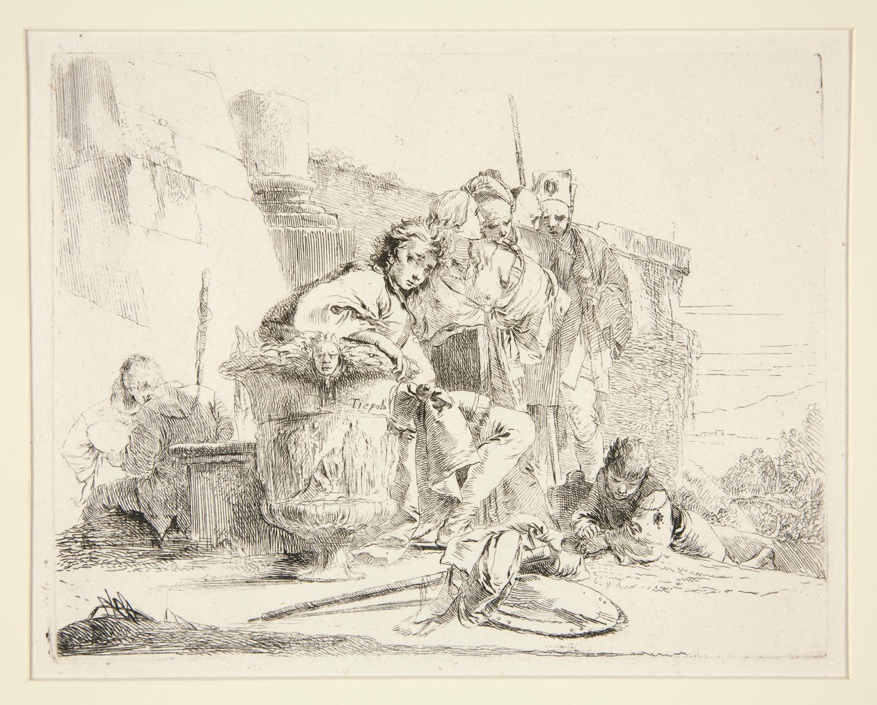 Vari Capricci dizisinden Oturan ve Bir Vazoya Yaslanmış Genç Adam by Giovanni Battista Tiepolo
