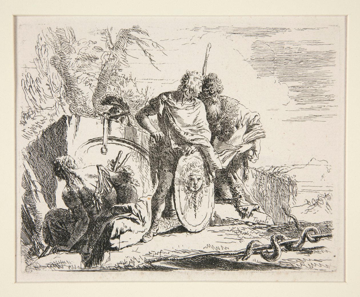 Filozoflu Genç Asker ve Oturan Kadın, Vari Capricci dizisinden by Giovanni Battista Tiepolo