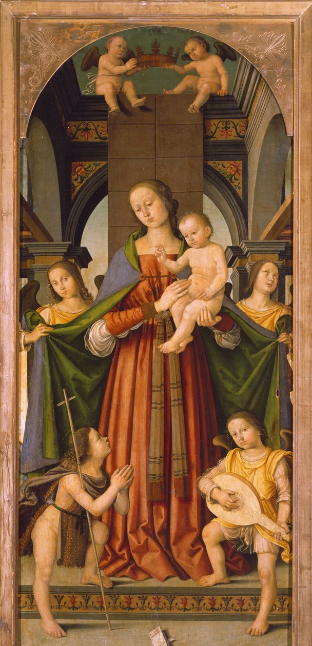 Çocuklu Madonna, Çocuklu Madonna'nın orta paneli Azizlerle Üçlü (tablo) by Giovanni Battista the Elder Bertucci