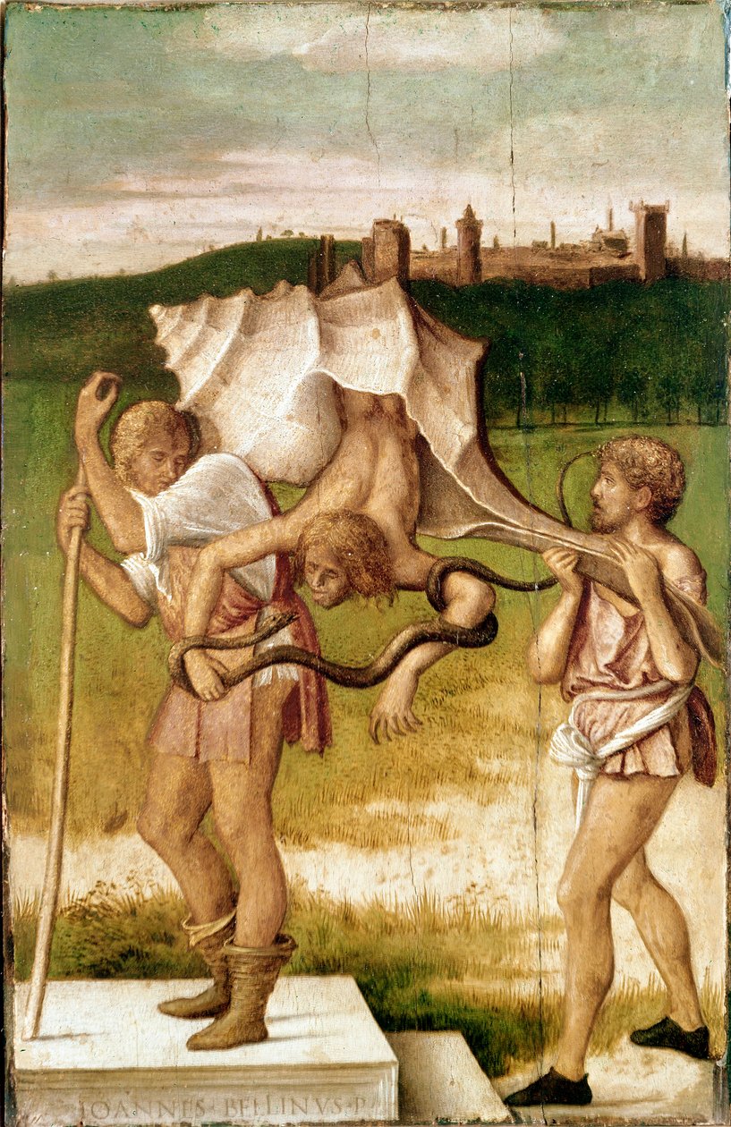 Alegorisi veya kıskançlık alegori Dev bir kabuk karakteri, kolunu saran bir yılan, Giovanni Bellini dit Giambellino tarafından ahşap boyama (1425/1433-1516) 1480-1490 Venedik, Gallerie dell
