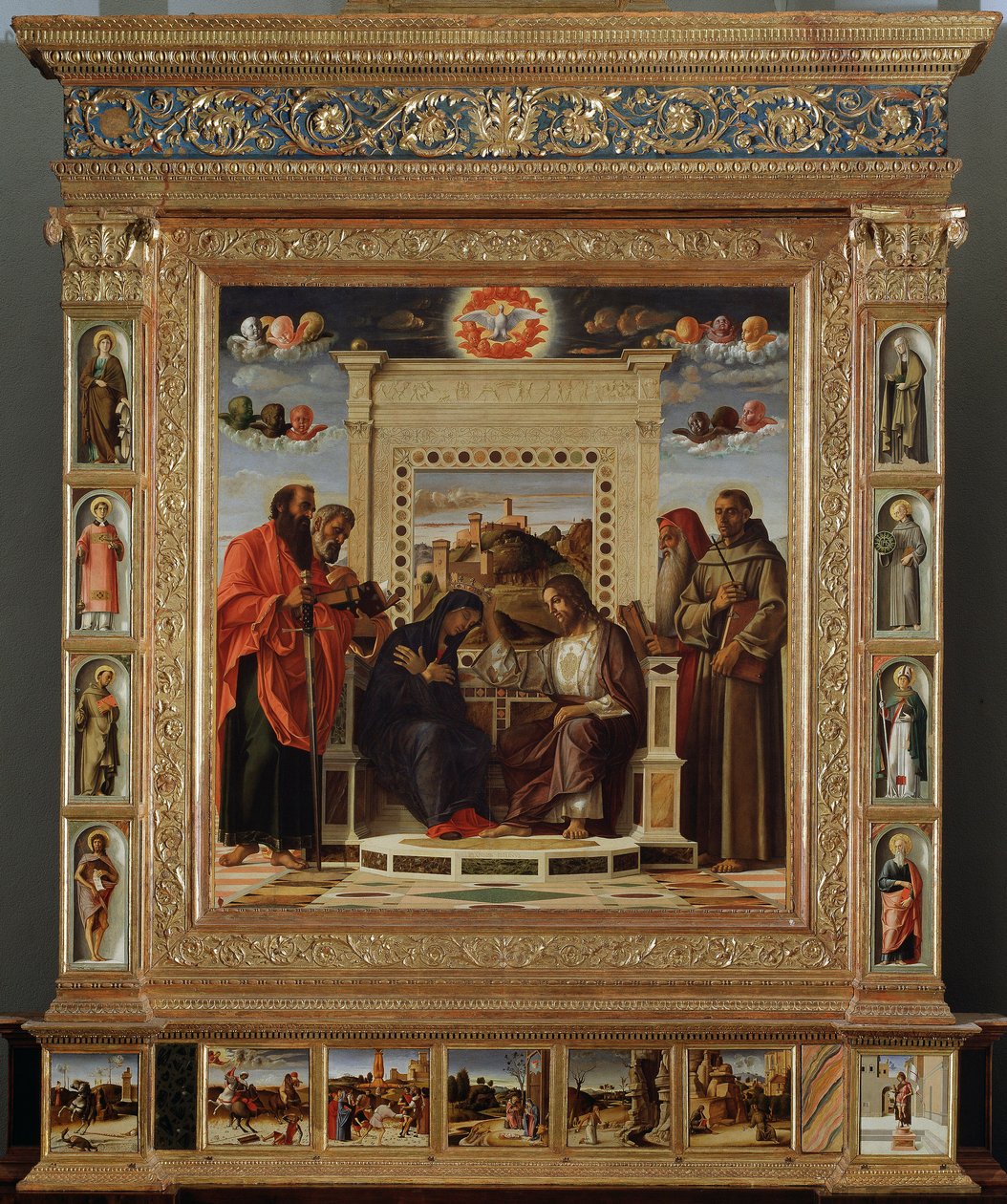 Altarpiece Bellini: orta kısım “” Aziz Petrus ve Aziz Paul (solda) ile Aziz Jerome ve Assisili Aziz François (sağda) arasında Bakire