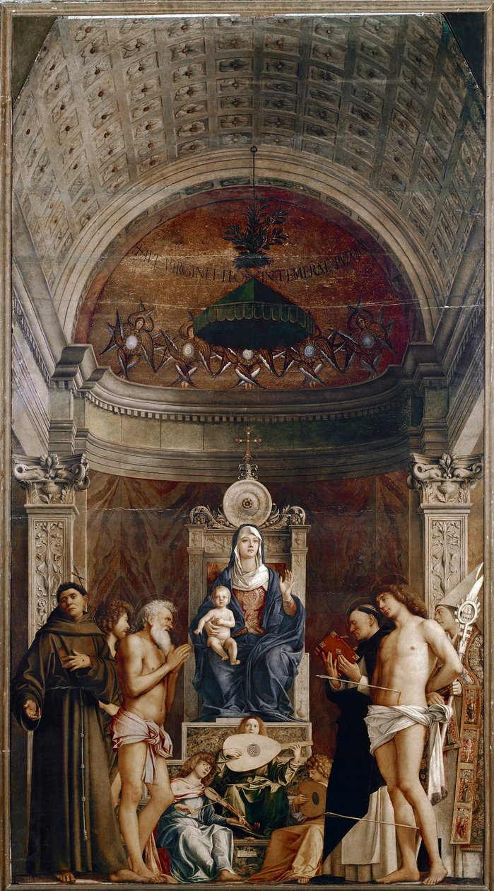 Aziz İş Altarpiece: Altı Aziz ve Müzisyenler Melekler ile Bakire ve Çocuk (panelde mizaç, yaklaşık 1487) by Giovanni Bellini
