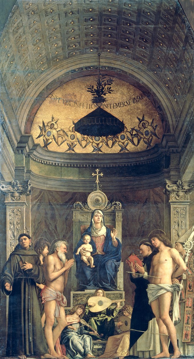 Madonna ve Çocuk SS arasında Enthroned. Francis, John the Baptist, Job, Dominic, Sebastian ve Louis (San Giobbe Altarpiece) c.1487 (ayrıntılar için bkz. 61101 ve 276359) by Giovanni Bellini