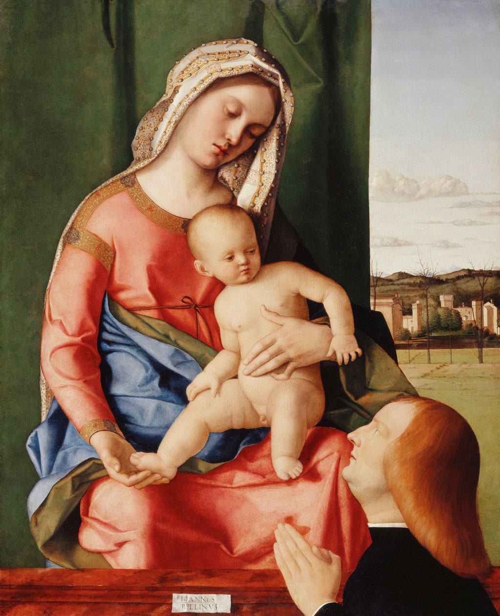 Madonna ve Erkek Donörlü Çocuk, ötesinde bir manzara, by Giovanni Bellini