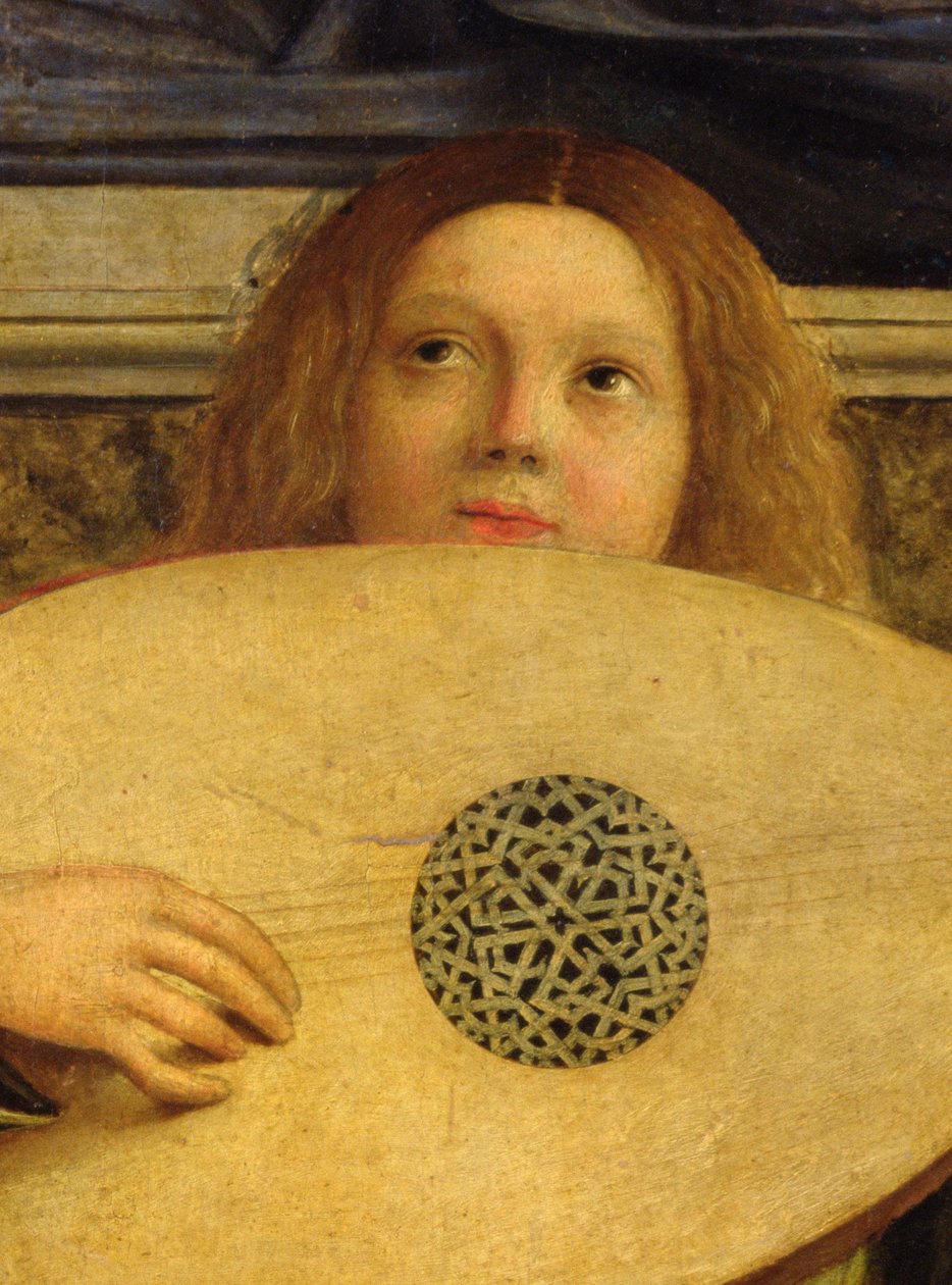San Giobbe Altarpiece, müzik çalan meleğin detayı, c.1487 (panelde yağlı boya) (55433 detayı) by Giovanni Bellini
