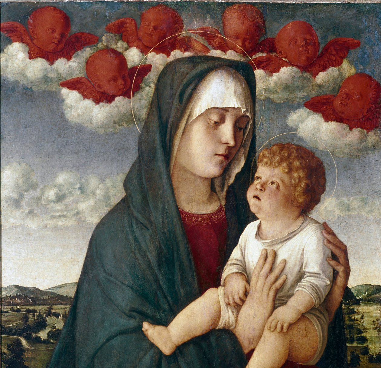 Çocuk ve meleklerle bakire. Detay (panelde sıcaklık by Giovanni Bellini
