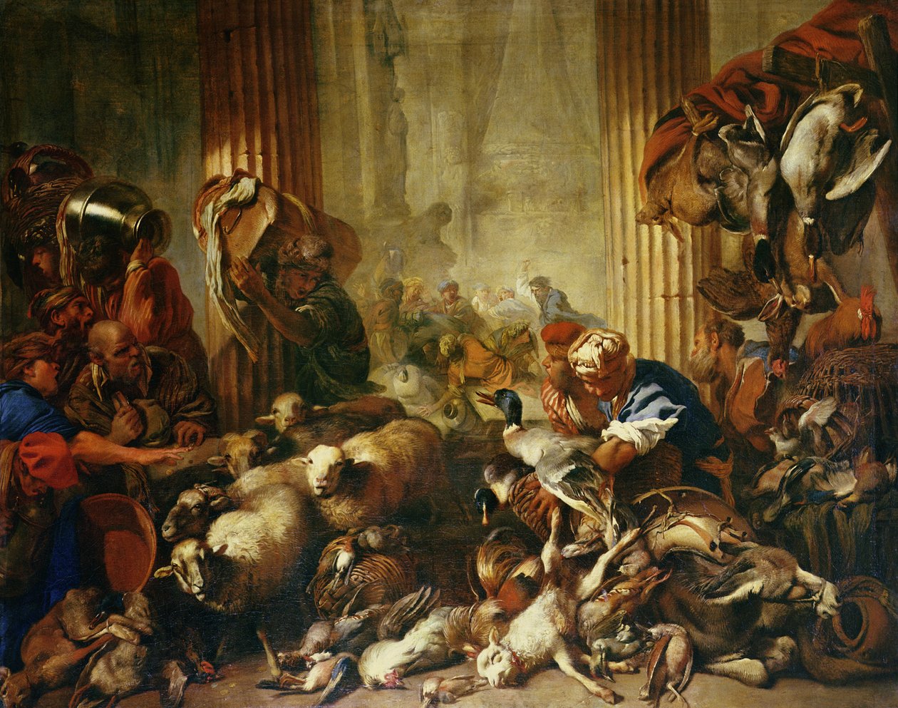 İsa Tüccarları Tapınaktan Sürerken (tuval üzerine yağlı boya) by Giovanni Benedetto Castiglione