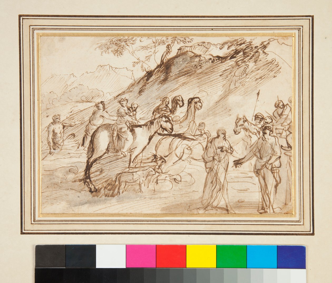 Arka Planda İki Adamın, Atların ve Develerin Buluşması (kalem ve kahverengi mürekkep ve gri yıkama) by Giovanni Benedetto Castiglione
