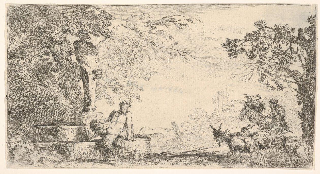 Priapus heykelinin dibinde yatan bir satir, sağda keçiler, yakl. 1645-48. by Giovanni Benedetto Castiglione