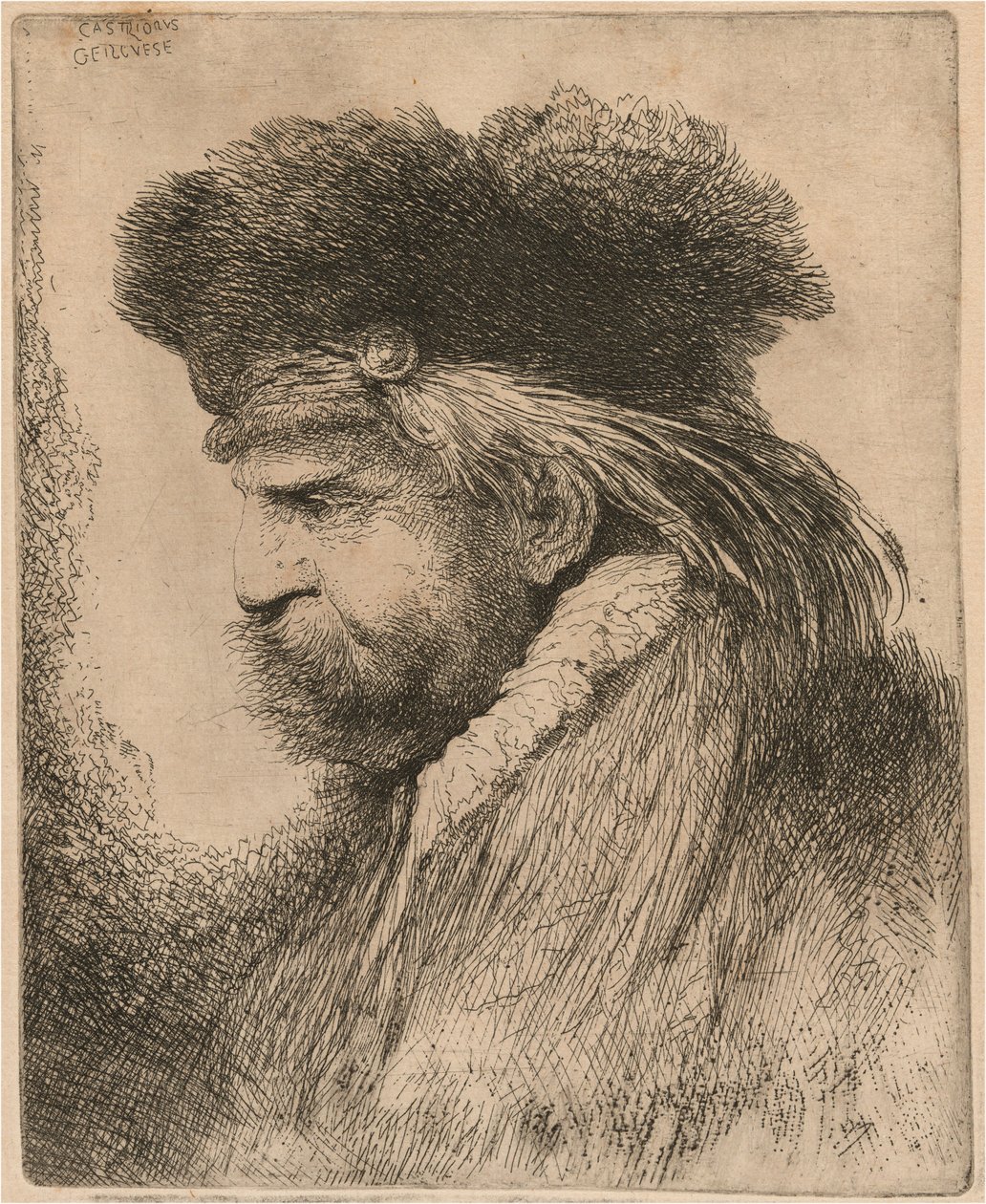 Kürk şapkalı sakallı adam, yüzü sola dönük by Giovanni Benedetto Castiglione