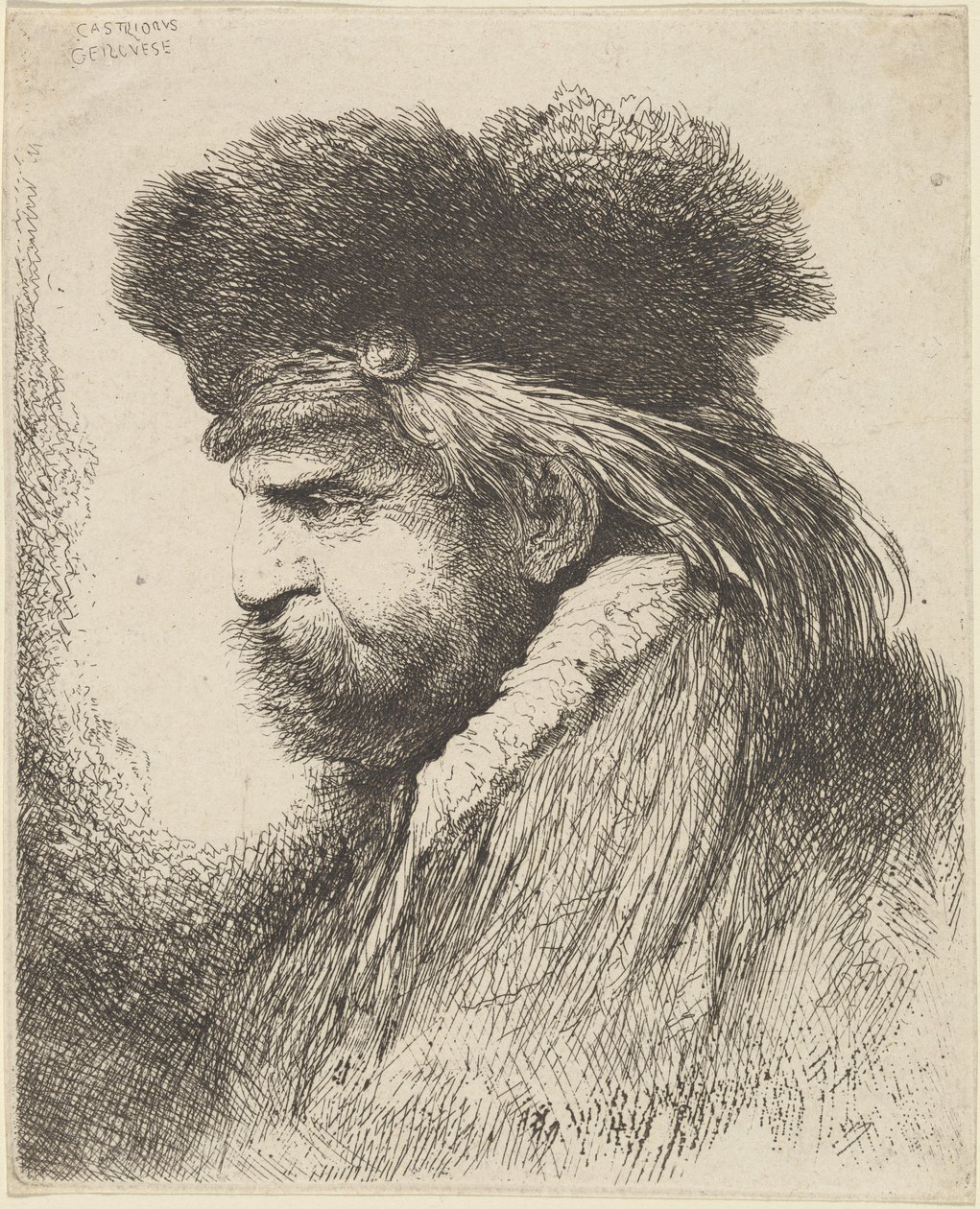 Kürk şapkalı sakallı adam, yüzü sola dönük by Giovanni Benedetto Castiglione