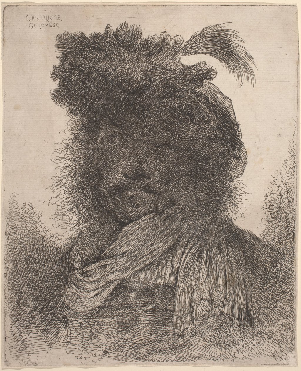 Yüzü Gölgeli, Atkı ve Tüylü Şapka Takan Sakallı Adam by Giovanni Benedetto Castiglione