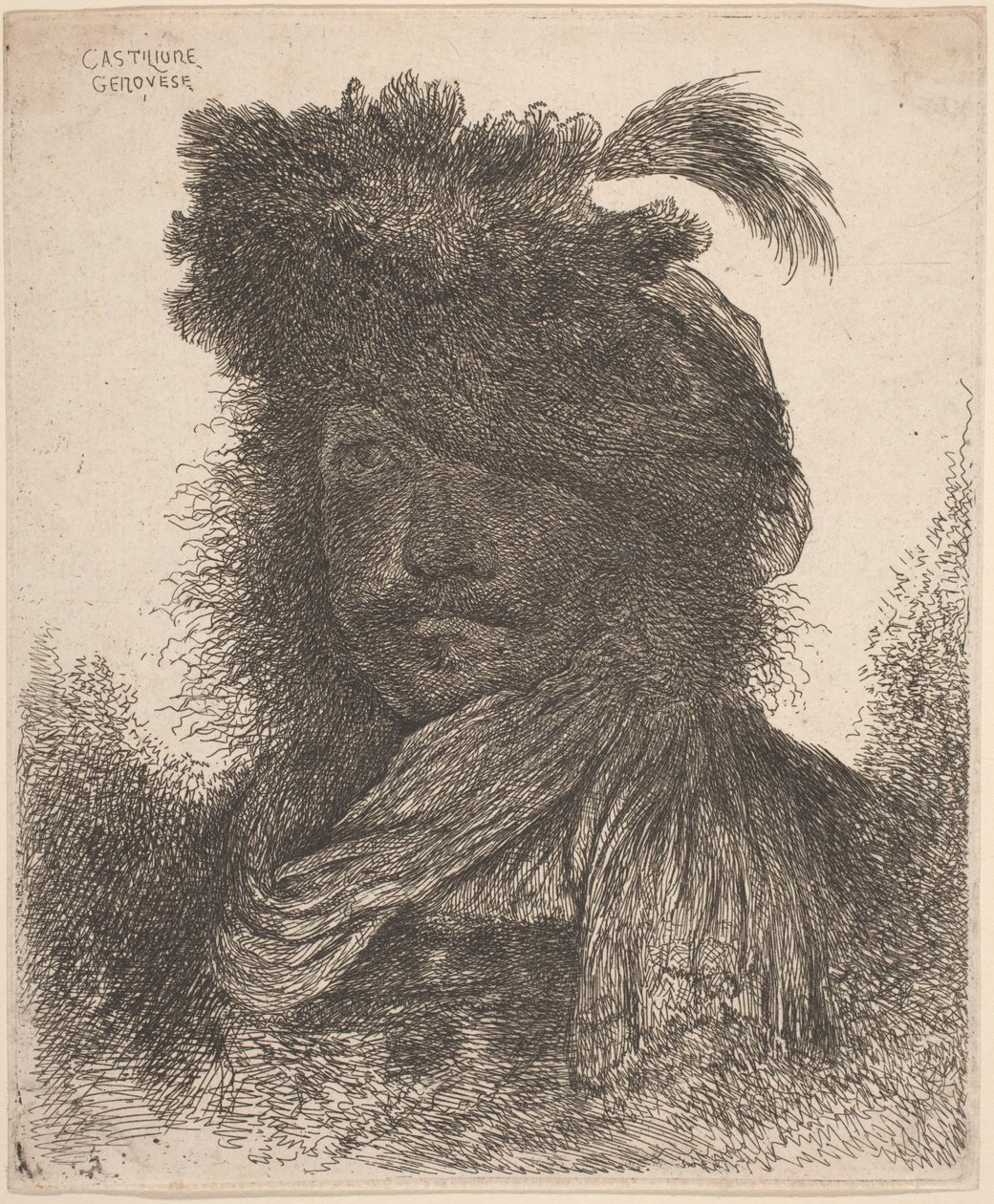 Yüzü Gölgeli, Atkı ve Tüylü Şapka Takan Sakallı Adam by Giovanni Benedetto Castiglione