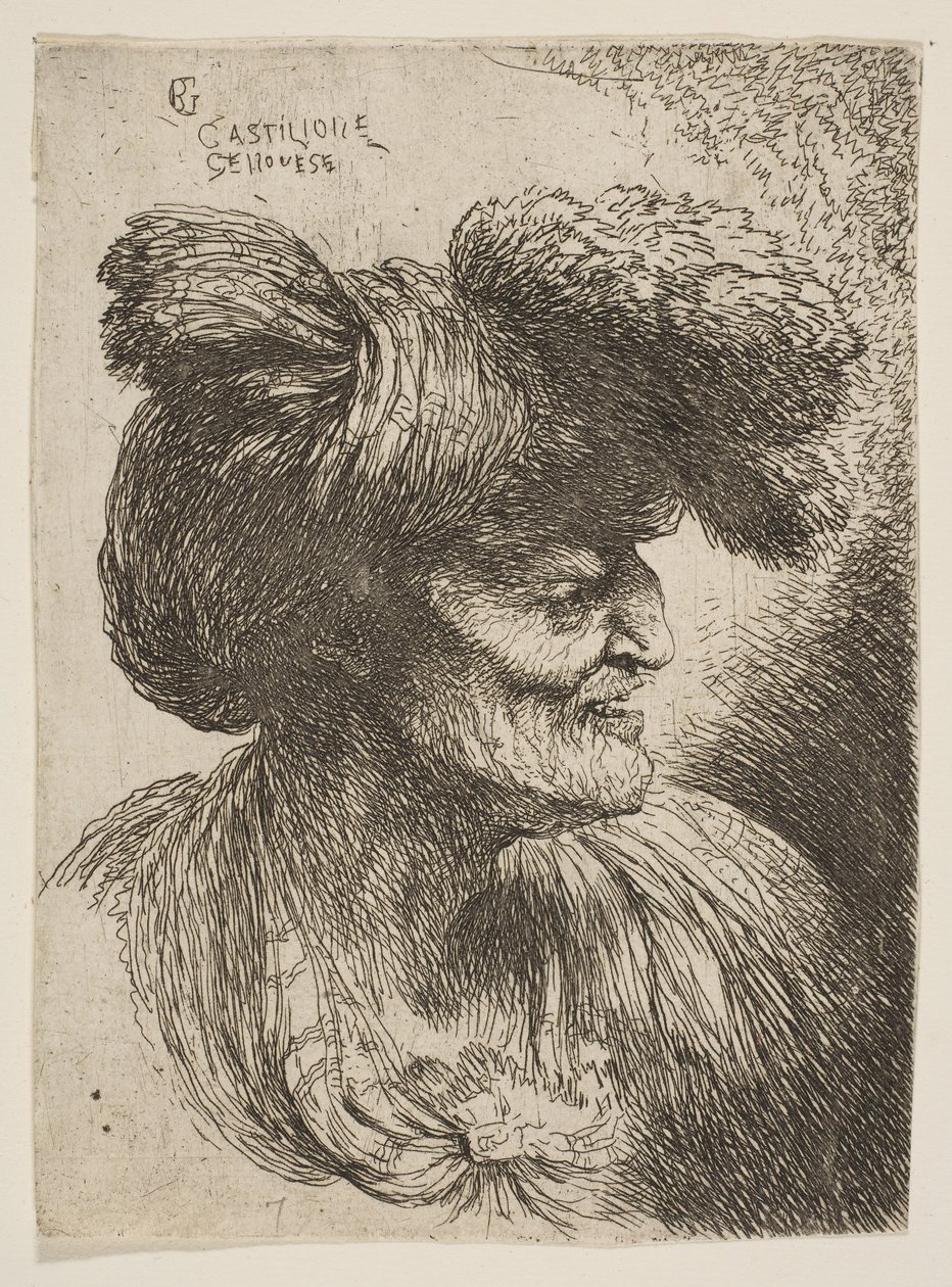 Küçük Kafa serisinden sağa bakan profilde sakalsız yaşlı adam büstü..., yakl. 1645-1650. by Giovanni Benedetto Castiglione