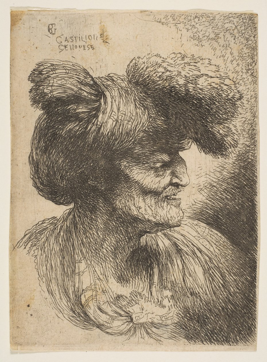 Küçük Başlar serisinden sağa bakan profilde sakalsız yaşlı adam büstü ..., yakl. 1645-50. by Giovanni Benedetto Castiglione