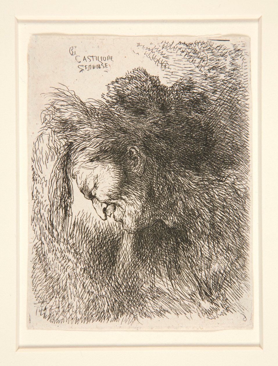 Küçük Kafa Çalışmaları serisinden Kürk Şapkalı Figür, Sola Bakıyor by Giovanni Benedetto Castiglione