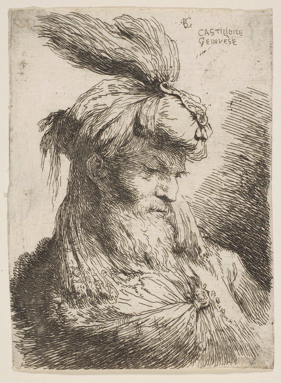 Küçük Başlar serisinden türbanı sağa bakan sakallı bir adamın başı..., ca. 1645-1650. by Giovanni Benedetto Castiglione