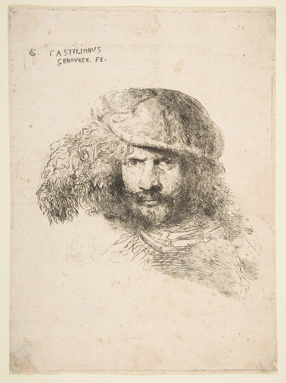 Tüylü bir şapka takan bir adamın başı, muhtemelen Bernini, muhtemelen kendi portresi..., yaklaşık. 1645-1650. by Giovanni Benedetto Castiglione