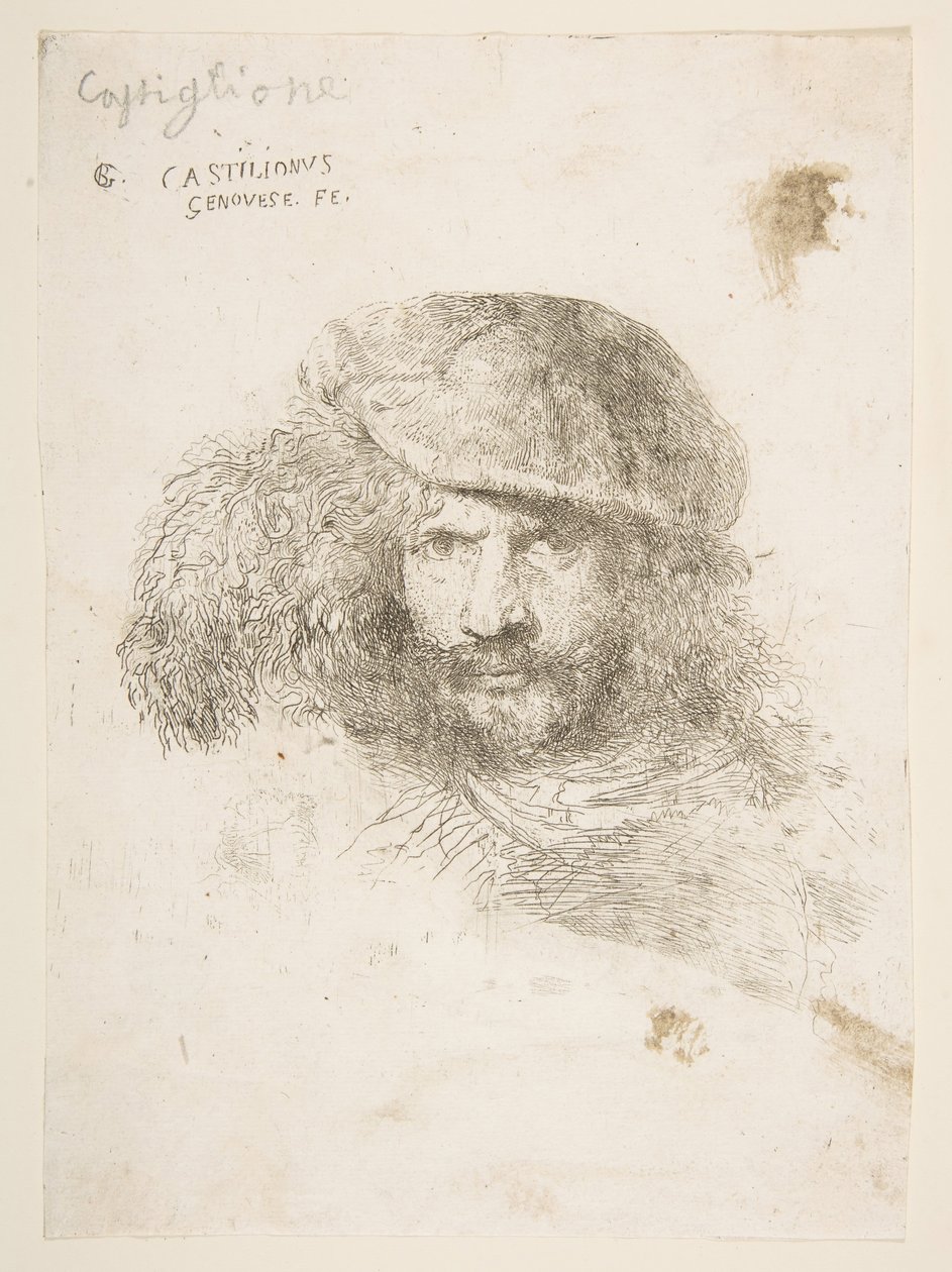 Tüylü bir şapka takan bir adamın başı, muhtemelen Bernini, muhtemelen kendi portresi..., yaklaşık. 1645-1650. by Giovanni Benedetto Castiglione