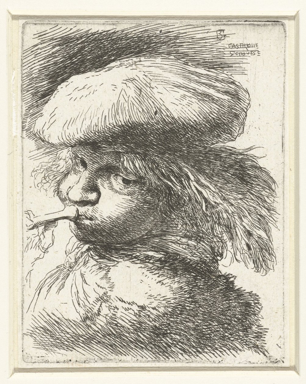 Trompet üfleyen bir çocuğun başı Oryantal başlıklı kafalarla ilgili küçük bir çalışma (seri başlığı) by Giovanni Benedetto Castiglione