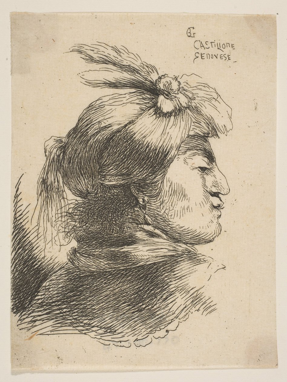 Küçük bir sarık giyen adam Tüyler ve kurdele ile süslenmiş, sağa dönük, ..., yakl. 1645-1650. by Giovanni Benedetto Castiglione