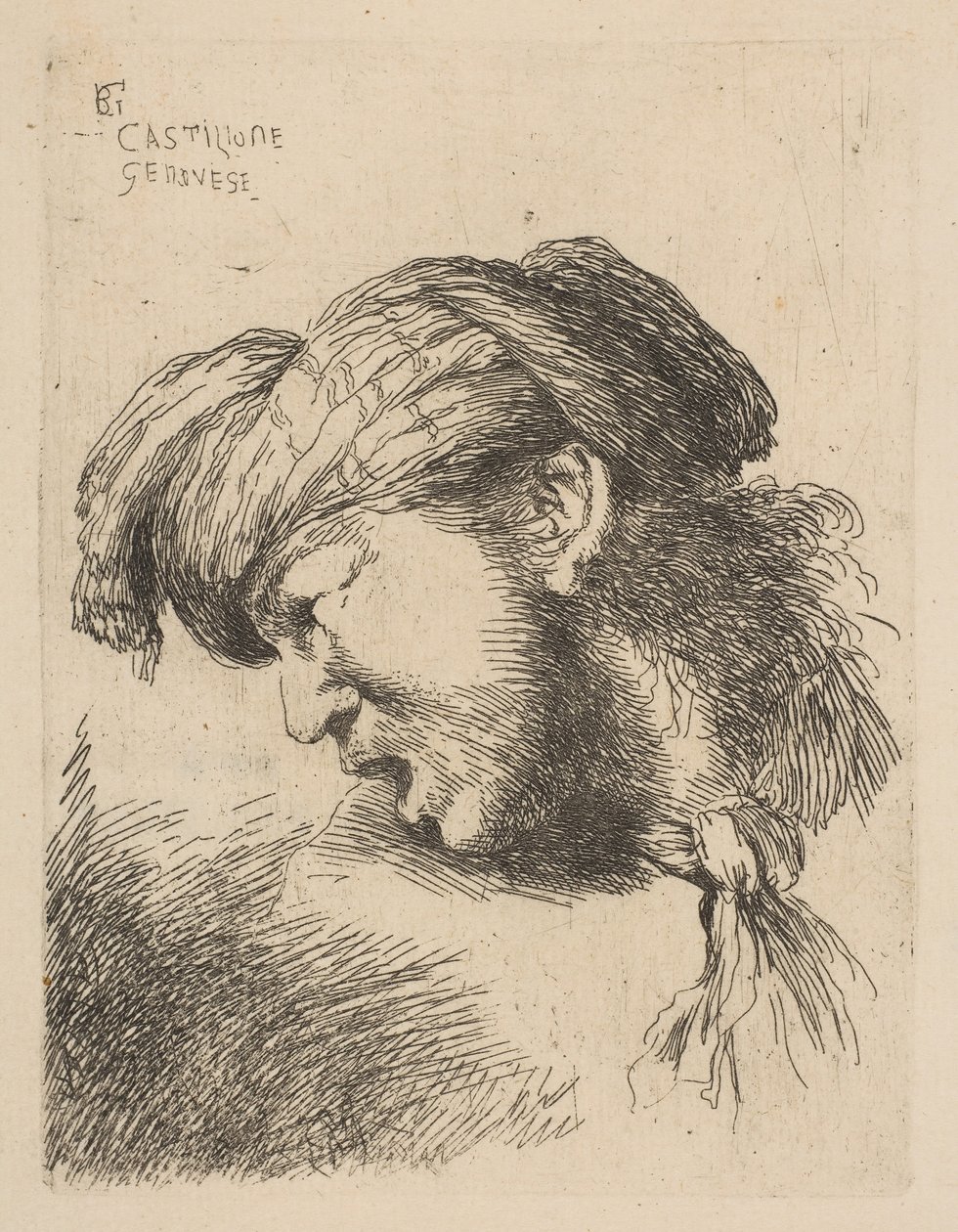 Türban takan, boynuna kravat takan, yüzü sola dönük, diziden ..., yakl. 1645-50. by Giovanni Benedetto Castiglione