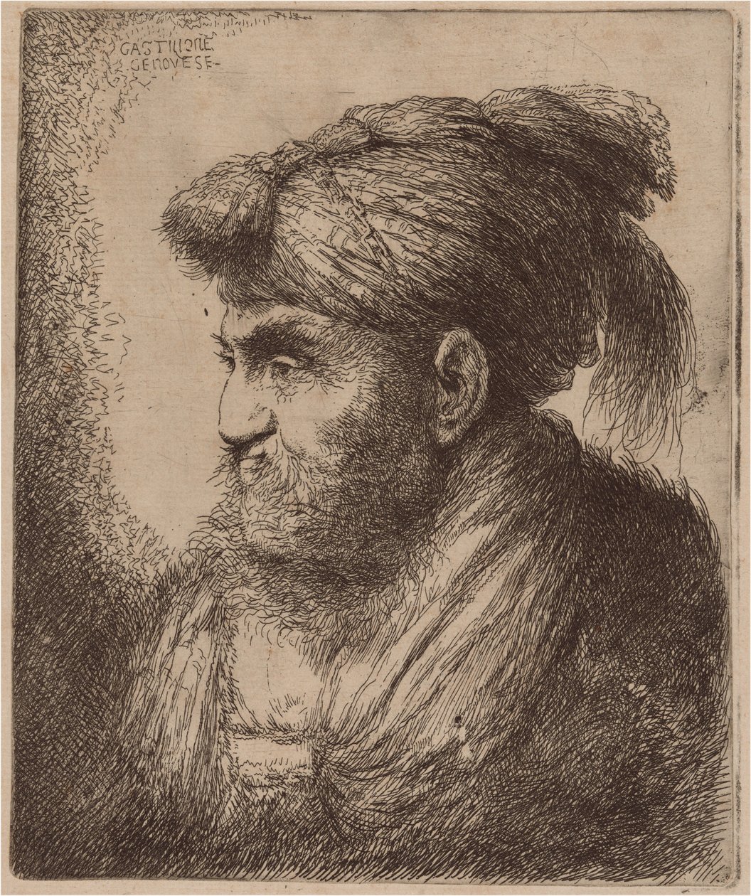 Sakallı ve Püsküllü Başlıklı Adam, Yüzü Sola Bakıyor by Giovanni Benedetto Castiglione
