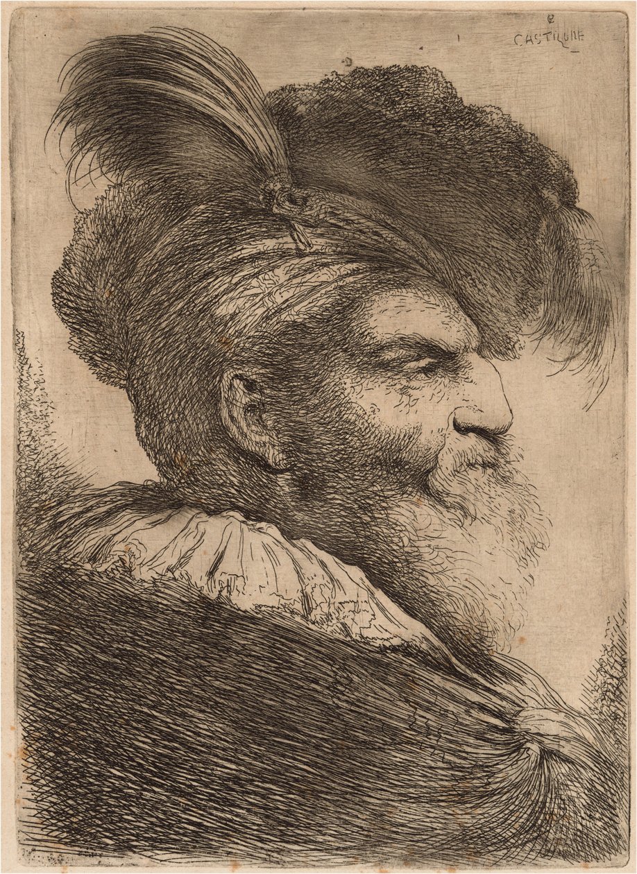 Uzun Sakallı ve Başlıklı Adam, Yüzü Sağa Bakıyor by Giovanni Benedetto Castiglione