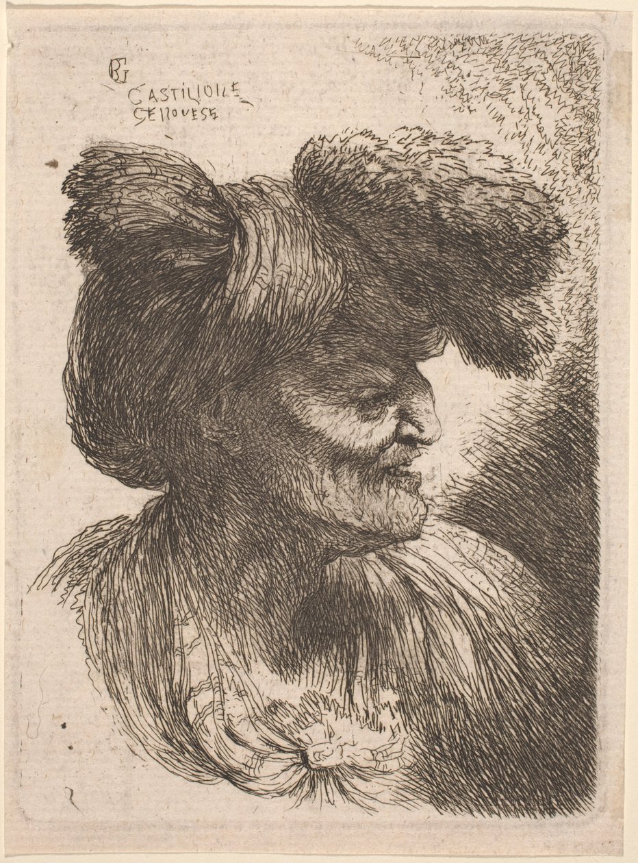 Sağa dönük, kürkle süslenmiş bir türban takan yaşlı adam by Giovanni Benedetto Castiglione