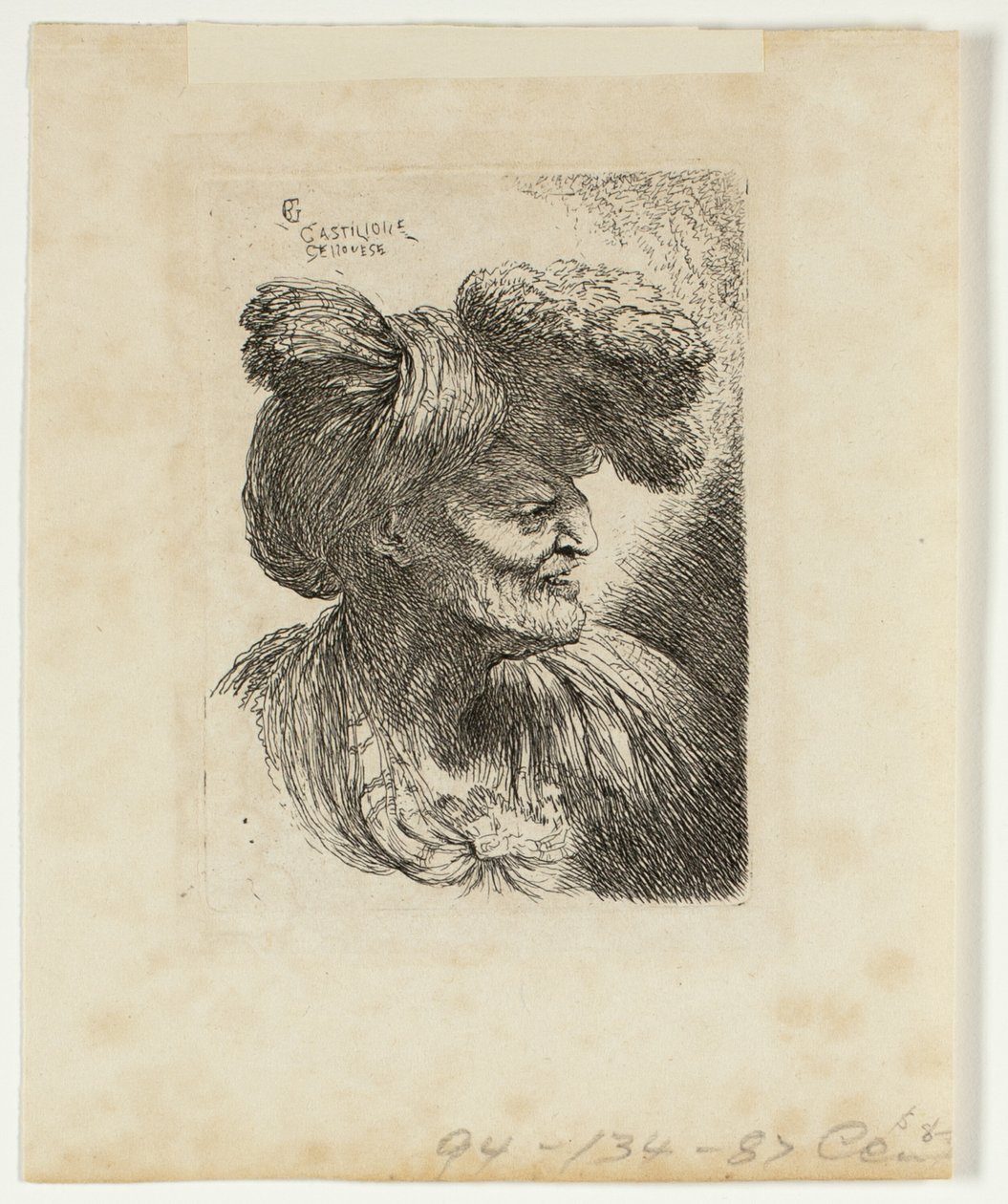 Doğu Başlıklı Küçük Kafa Çalışmalarından Kürkle Süslenmiş Türbanlı Yaşlı Adam, Sağa Bakıyor by Giovanni Benedetto Castiglione