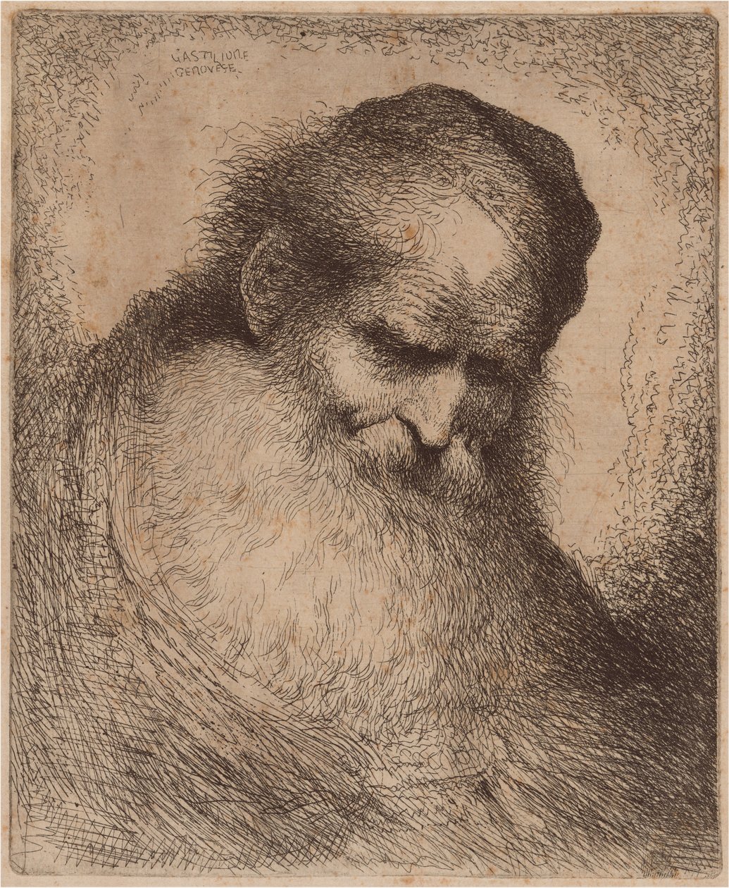 Uzun Sakallı ve Takkeli Yaşlı Adam, Öne Eğilmiş by Giovanni Benedetto Castiglione