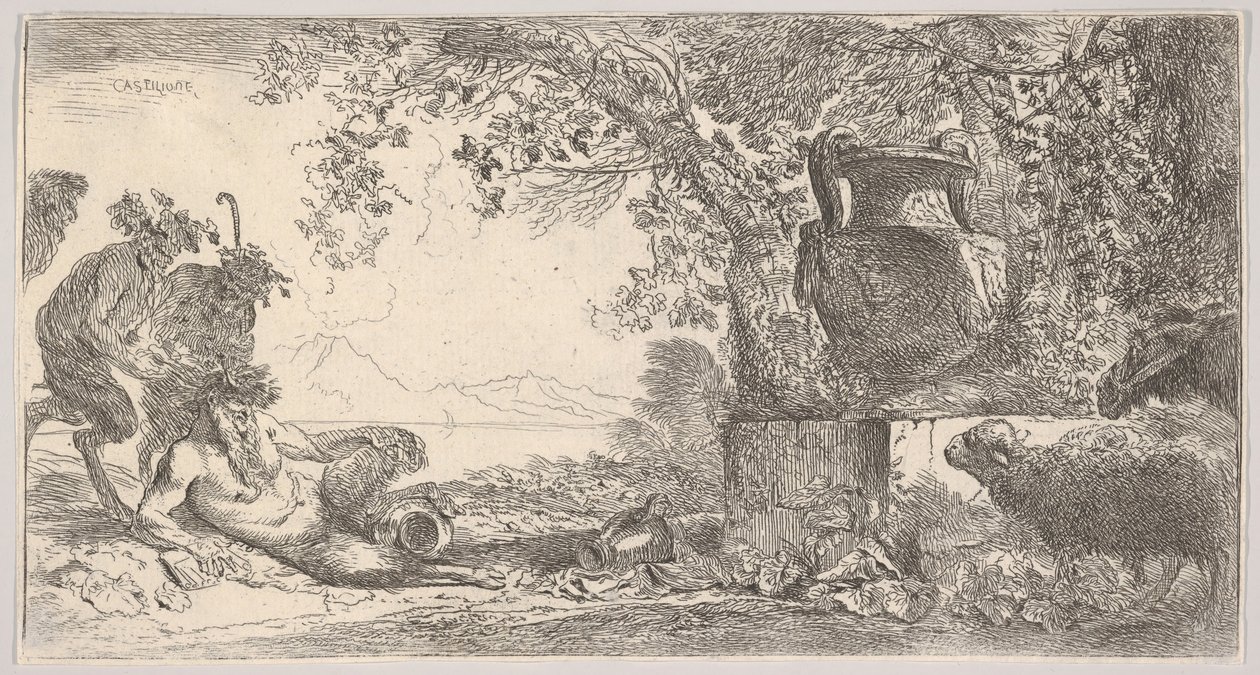 Solda ayakta duran iki satir ile uzanmış tava, sağda bir kaide üzerinde büyük bir vazo, yakl. 1645. by Giovanni Benedetto Castiglione