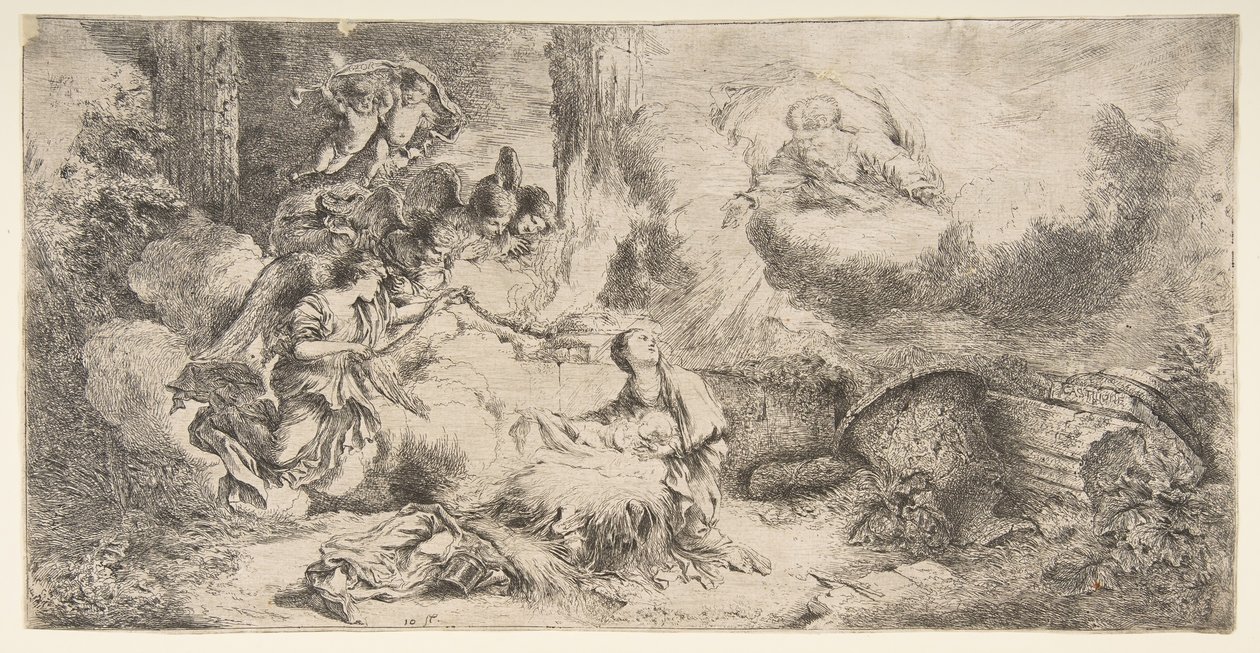 Bakire ve Çocuk, Tanrı baba sağ üstte, melekler solda, yakl. 1647-50. by Giovanni Benedetto Castiglione