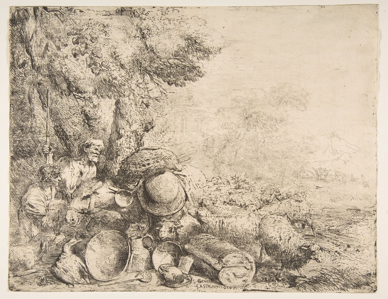 Bir manzarada iki çoban, bir eşek ve diğer hayvanlar, ca. 1638-1640. by Giovanni Benedetto Castiglione