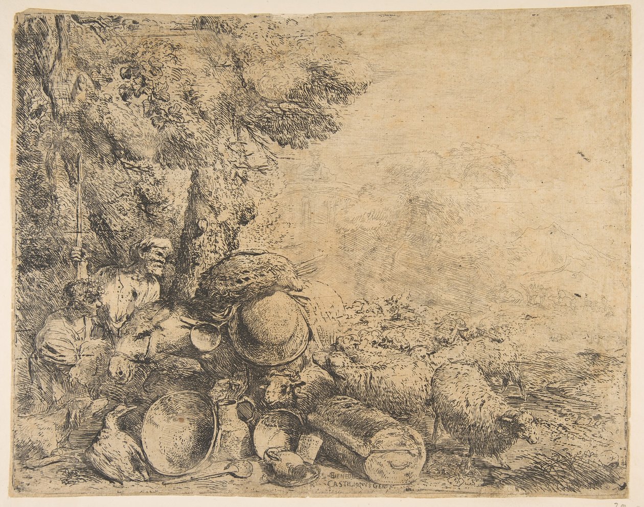 Bir manzarada iki çoban, bir eşek ve diğer hayvanlar, ca. 1638-1640. by Giovanni Benedetto Castiglione
