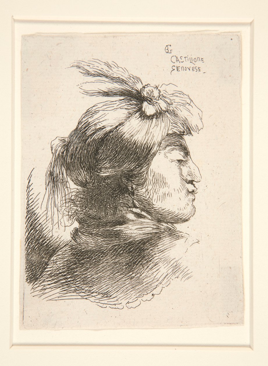 Profilde görülen Sakalsız Genç Adam, Les petites tetes d dizisinden sağa döndü. by Giovanni Benedetto Castiglione