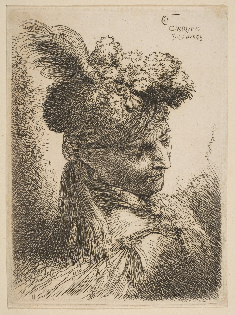 Üç çeyreğe bakan, tüylü, mücevherli bir kürk başlık takan genç adam..., yakl. 1645-50. by Giovanni Benedetto Castiglione