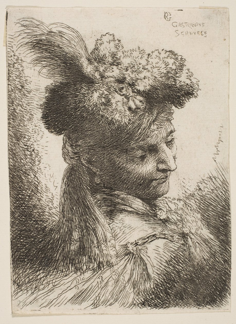 Üç çeyreğe bakan, tüylü bir kürk başlık takan genç adam, mücevher ..., yakl. 1645-1650. by Giovanni Benedetto Castiglione