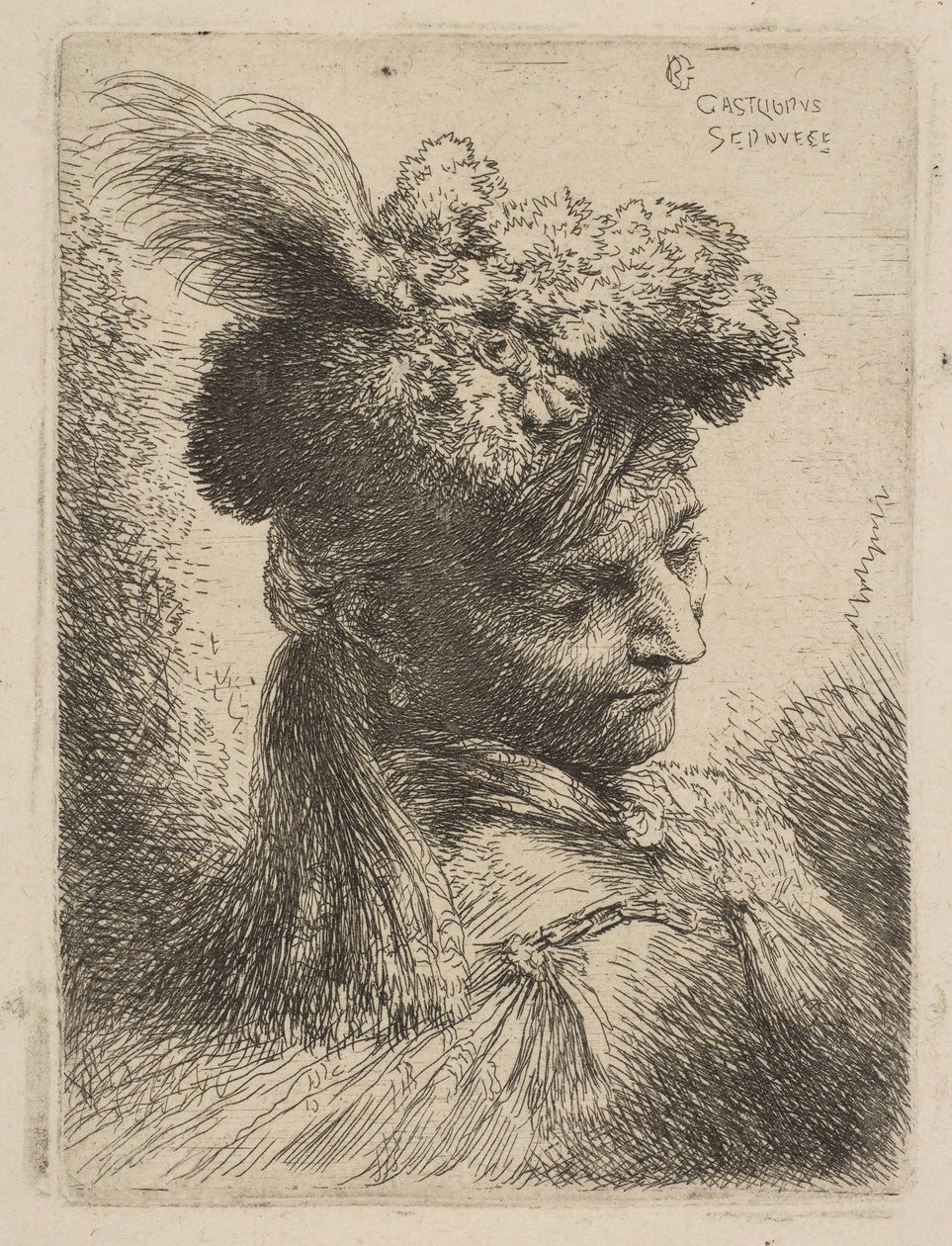 Üç çeyreğe bakan, tüylü, mücevherli bir kürk başlık takan genç adam..., yakl. 1645-50. by Giovanni Benedetto Castiglione