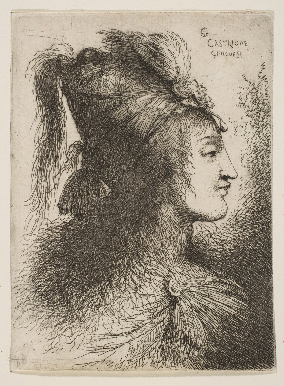Küçük Başlar dizisinden, yüzü sağa dönük, tüylü bir sarık takan genç adam ..., yakl. 1645-1650. by Giovanni Benedetto Castiglione