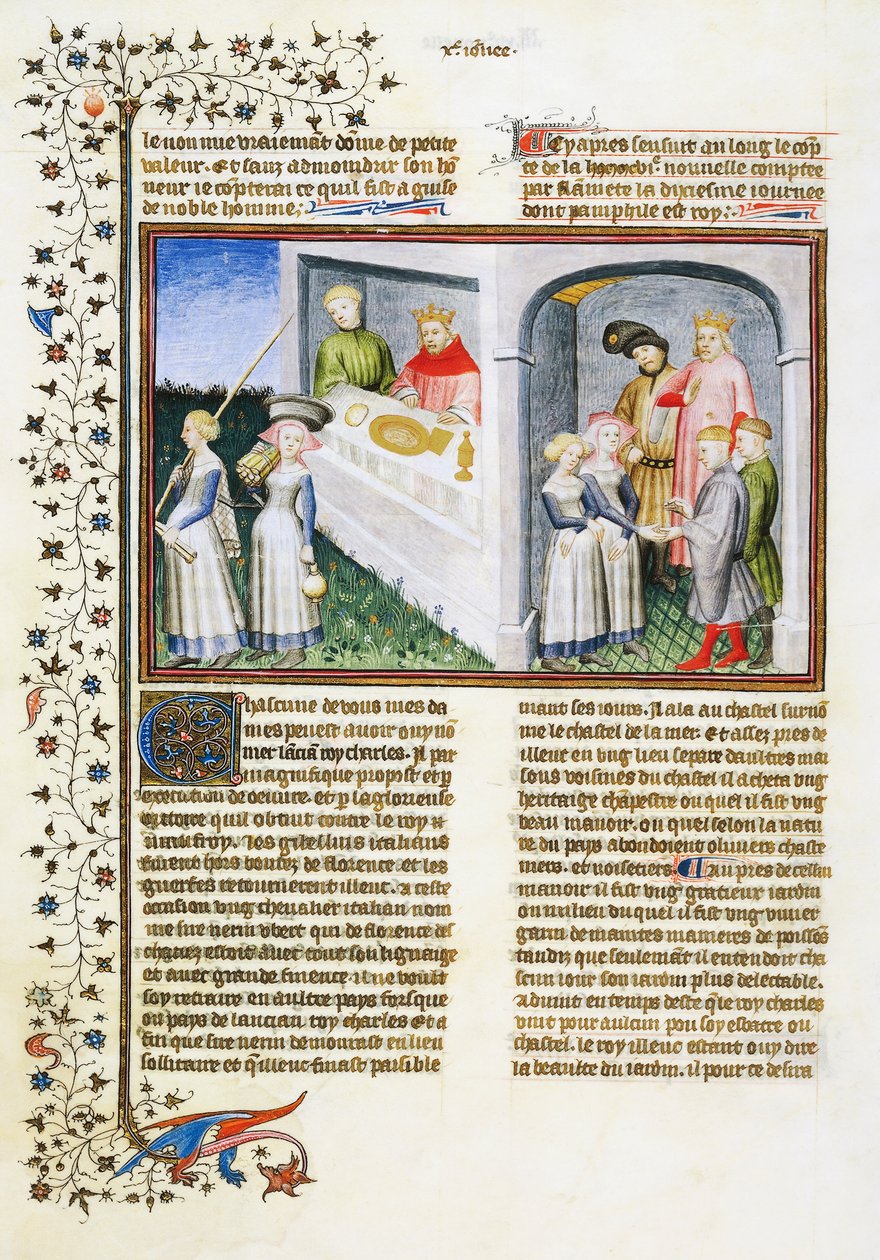Madonna Dianora bahçe için Messer Ansaldo'ya söz verir; Messer Ansaldo büyücü çalıştırır ve bahçesini verir; Madonna Dianora, kocası Gilberto'ya verdiği sözü söyler ve Gilberto onu affeder. by Giovanni Boccaccio