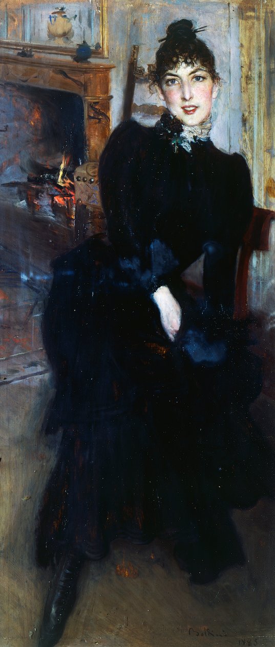 Şömine başında Alaide Banti (panelde yağ) by Giovanni Boldini
